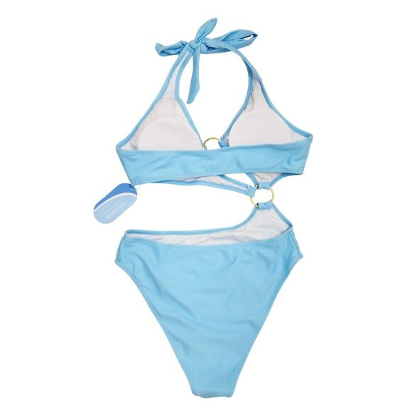 One-Shoulder Cutout Sky Blue Bikini Set Gold Ring Womens Swimwear Size S - Picture 2 of 7